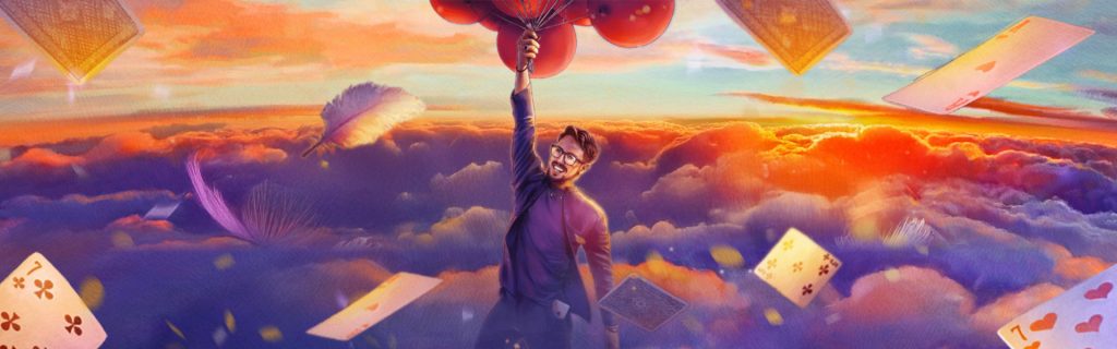 Illustrated image of James Phelan, on a sky background surrounded by cards.